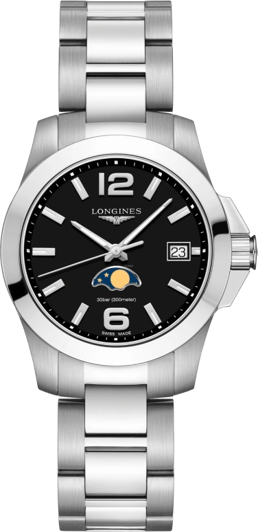 Longines,Conquest 34mm,34mm,Stainless Steel,Black,Quartz,Moonphase,Date,L3,L3.381.4.58.6