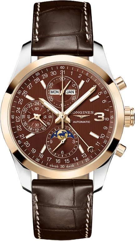 Longines,Conquest Classic 42mm,42mm,Stainless Steel,Brown,Automatic,Chronograph,Moonphase,Month,Date,42hours,In-house Caliber,L2,L2.798.5.62.3