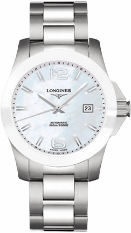 Longines,Conquest 41mm,41mm,Ceramic,Stainless Steel,White,Automatic,Chronograph,Date,Power Reserve Indicator,L3,L3.657.4.86.6