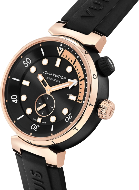 LOUIS VUITTON,Tambour Street Diver 44mm,44mm,Stainless Steel,Rose Gold,Black,Automatic,Sapphire,Crystal Glass,Round,QBB174