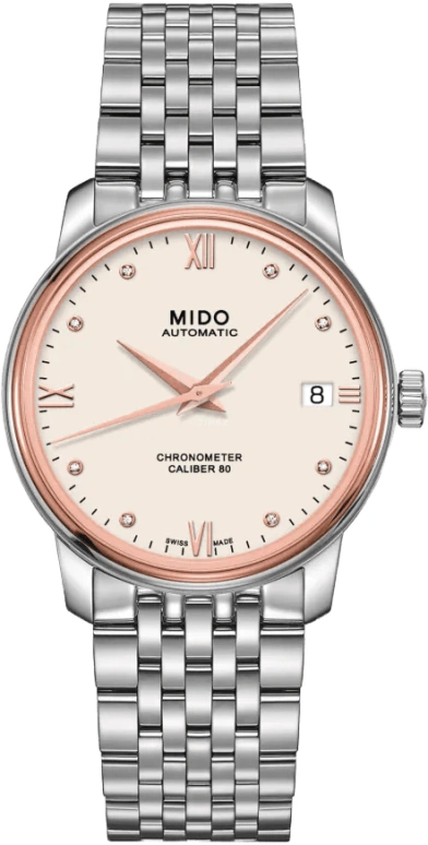 Mido,Baroncelli 34mm,34mm,Rose Gold,Stainless Steel,Automatic,Date,Anti-magnetic,M027,M027.208.41.266.00IVORY