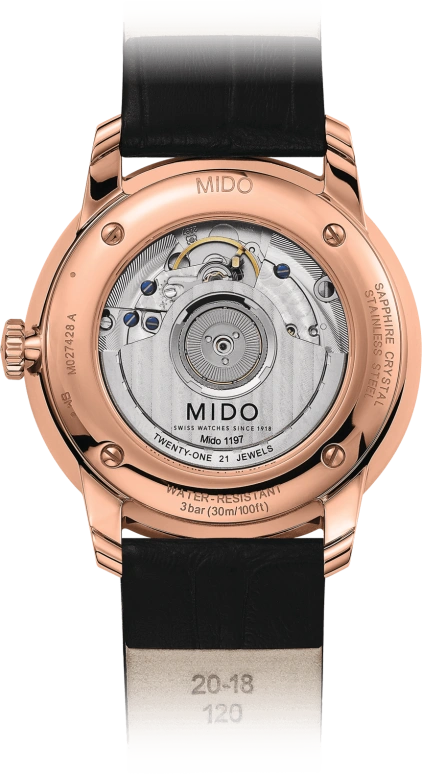 Mido,Baroncelli 40mm,40mm,Stainless Steel,Rose Gold,Black,Automatic,42hours,Sapphire,M027,M027.428.36.053.00