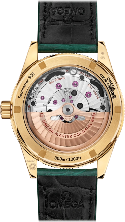 Omega,Seamaster 300 41mm,41mm,Yellow Gold,Green,Automatic,Co-Axial Escapement,60hours,234,234.63.41.21.99.001