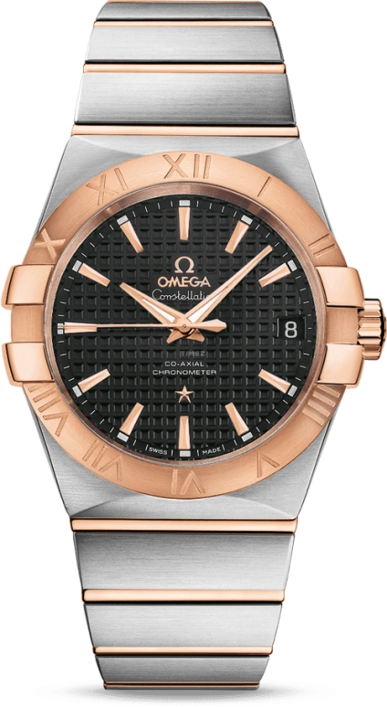 Omega,Constellation 38mm,38mm,Red Gold,Stainless Steel,Black,Automatic,Date,Co-Axial Escapement,123,123.20.38.21.01.001