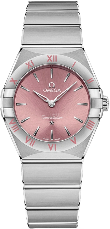 Omega,Constellation 28mm,28mm,Stainless Steel,Pink Red,Quartz,In-house Caliber,Sapphire,Crystal Glass,131,131.10.28.60.11.001