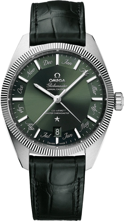 Omega,Globemaster 41mm,41mm,Tungsten,Stainless Steel,Green,Automatic,Annual Calendar,Month,Date,Zodiac Indications,55hours,In-house Caliber,130,130.33.41.22.10.001