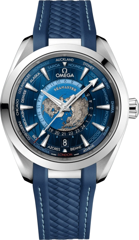 欧米茄,海马AQUA TERRA 150米 43毫米,43毫米,不锈钢,蓝色,自动上弦,星期历,世界时,同轴擒纵系统,220,220.12.43.22.03.001