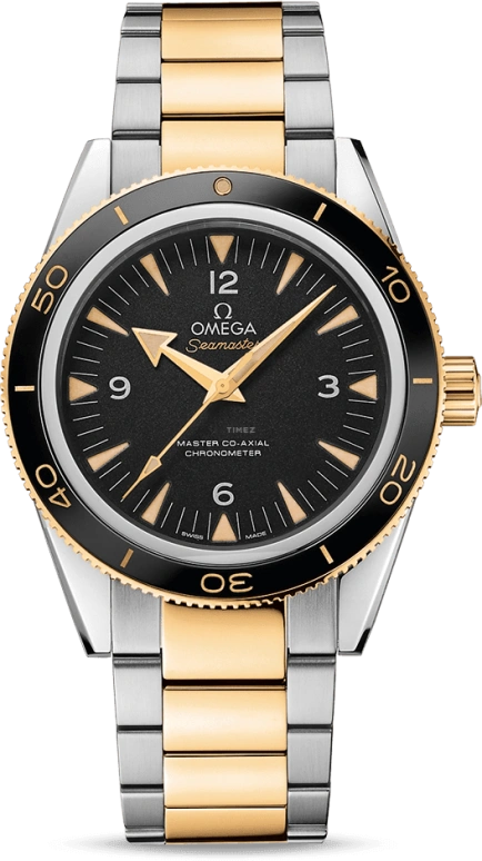 Omega,Seamaster 300 41mm,41mm,Yellow Gold,Stainless Steel,Black,Automatic,Co-Axial Escapement,60hours,233,233.20.41.21.01.002