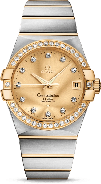 Omega,Constellation 38mm,38mm,Yellow Gold,Stainless Steel,Champagne,Automatic,Date,Co-Axial Escapement,123,123.25.38.21.58.001