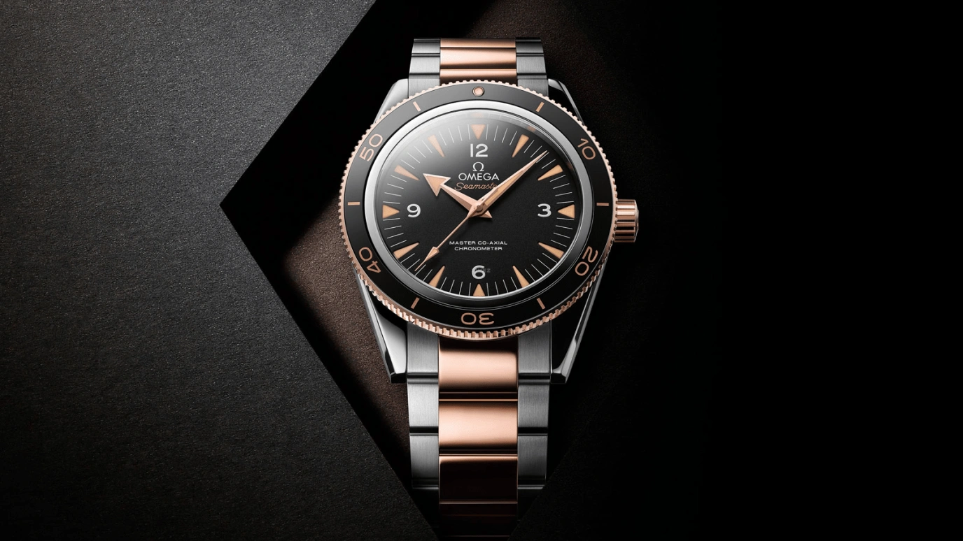 Omega,Seamaster 300 41mm,41mm,Sedna Gold,Stainless Steel,Black,Automatic,Co-Axial Escapement,60hours,233,233.20.41.21.01.001