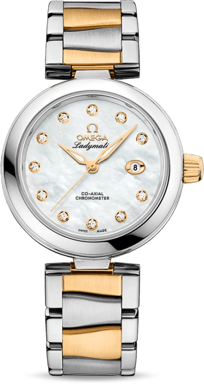 Omega,LadyMatic 34mm,34mm,Yellow Gold,Stainless Steel,White,Automatic,Date,Zodiac Indications,Co-Axial Escapement,425,425.20.34.20.55.003