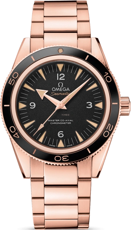 Omega,Seamaster 300 41mm,41mm,Sedna Gold,Black,Automatic,Date,Co-Axial Escapement,233,233.60.41.21.01.001