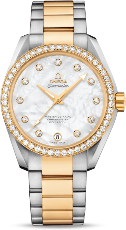 Omega,Aqua Terra 38.50mm,38.50mm,Yellow Gold,Stainless Steel,White,Automatic,Date,Co-Axial Escapement,231,231.25.39.21.55.002