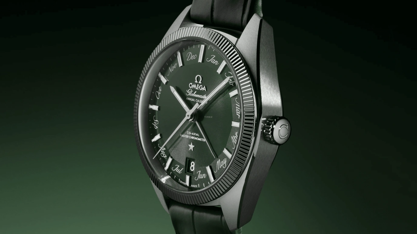 Omega,Globemaster 41mm,41mm,Tungsten,Stainless Steel,Green,Automatic,Annual Calendar,Month,Date,Zodiac Indications,55hours,In-house Caliber,130,130.33.41.22.10.001