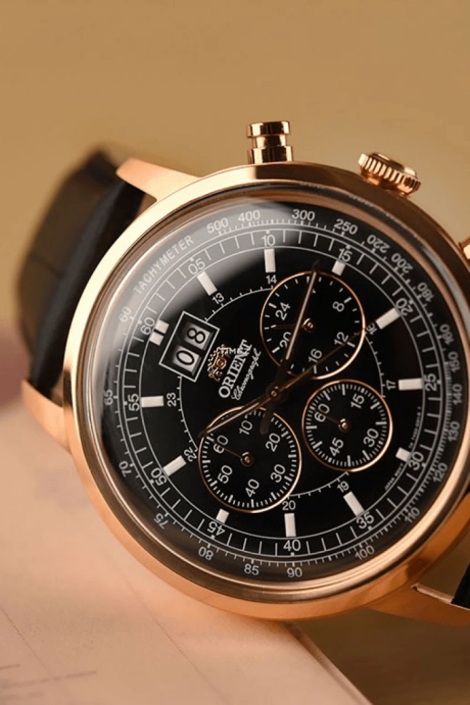 Orient,Classic 45mm,45mm,Stainless Steel,Rose Gold,Black,Quartz,Chronograph,Day,FTV02002B