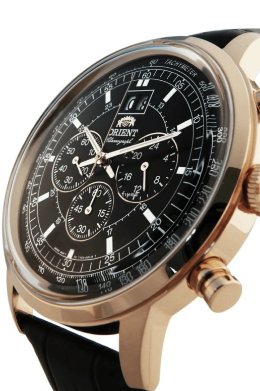 Orient,Classic 45mm,45mm,Stainless Steel,Rose Gold,Black,Quartz,Chronograph,Day,FTV02002B