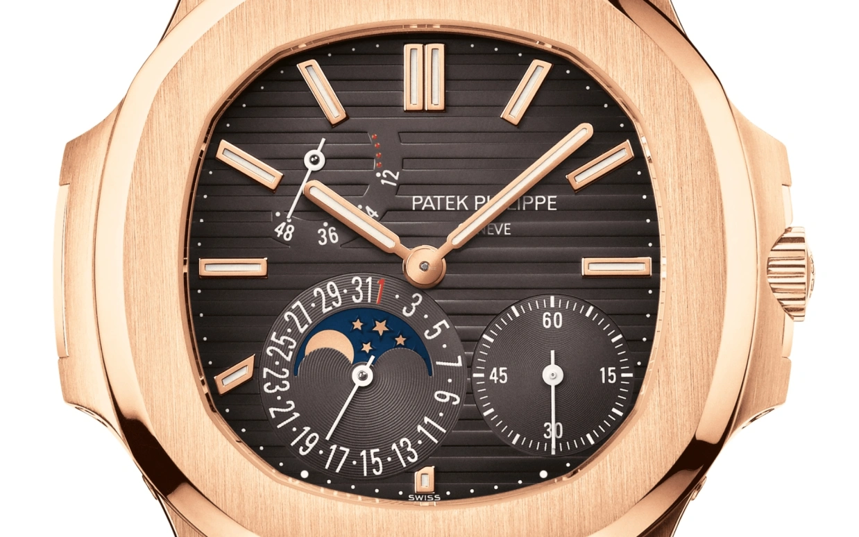 Patek Philippe,Nautilus 40mm,40mm,Rose Gold,Brown,Automatic,Moonphase,Day,Power Reserve Indicator,5712R,5712R-001