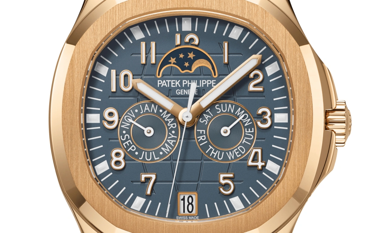 Patek Philippe,Aquanaut 39.90mm,39.90mm,Rose Gold,Grey,Blue,Automatic,Moonphase,Month,Date,Day,35hours,In-house Caliber,5261R,5261R-001