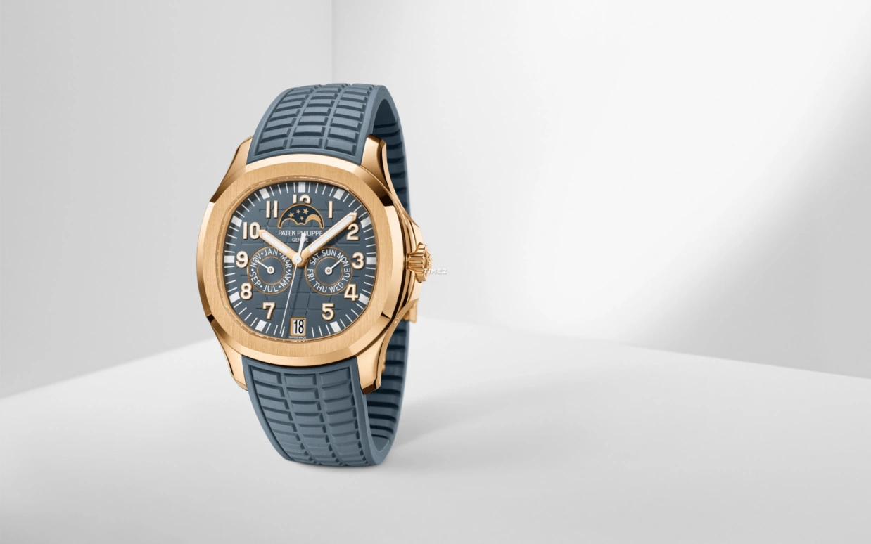 Patek Philippe,Aquanaut 39.90mm,39.90mm,Rose Gold,Grey,Blue,Automatic,Moonphase,Month,Date,Day,35hours,In-house Caliber,5261R,5261R-001