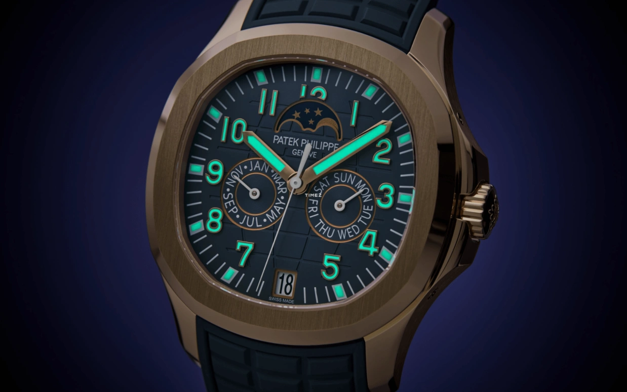 Patek Philippe,Aquanaut 39.90mm,39.90mm,Rose Gold,Grey,Blue,Automatic,Moonphase,Month,Date,Day,35hours,In-house Caliber,5261R,5261R-001