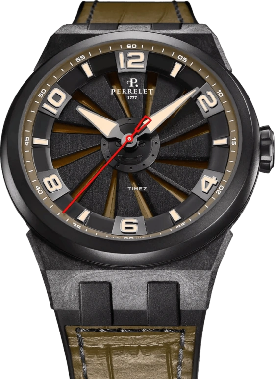 Perrelet,Turbine 45.50mm,45.50mm,Carbon,Polycarbonate,Stainless Steel,khaki,Black,Automatic,42hours,In-house Caliber,A4065,A4065/8