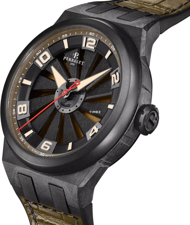 Perrelet,Turbine 45.50mm,45.50mm,Carbon,Polycarbonate,Stainless Steel,khaki,Black,Automatic,42hours,In-house Caliber,A4065,A4065/8