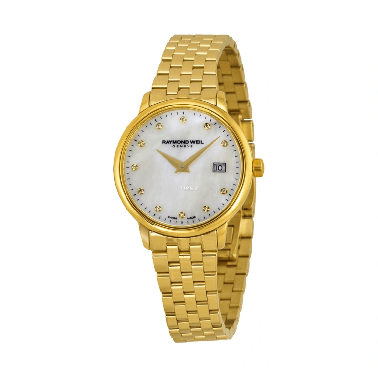 Raymond Weil,Women’s 29mm,29mm,Stainless Steel,Yellow Gold,White,Quartz,Day,Sapphire,Crystal Glass,5988,5988-P-97081