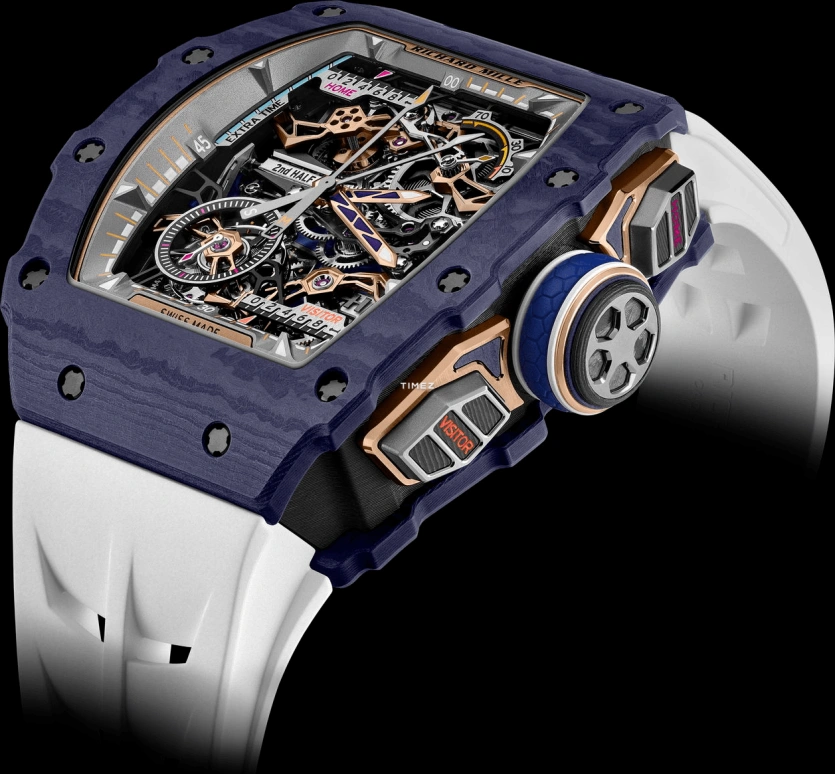理查米尔,陀飞轮 43.23x49.65毫米,43.23x49.65毫米,Quartz TPT® 复合石英碳纤维,黑色,手动上弦,计时,动力储存指示,陀飞轮,飞返,自制机芯,蓝宝石,水晶玻璃,RM 41,RM 41-01 Tourbillon Soccer Dark Blue Quartz TPT