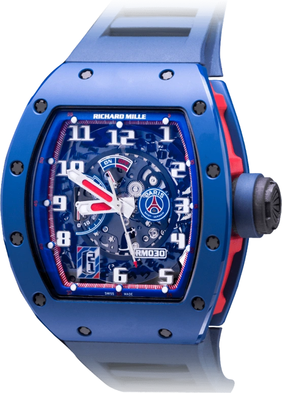 Richard Mille,Not Tourbillon 42.70x50mm,42.70x50mm,Ceramic,Blue,Skeleton,Automatic,Day,Power Reserve Indicator,RM 030 PSG Edition