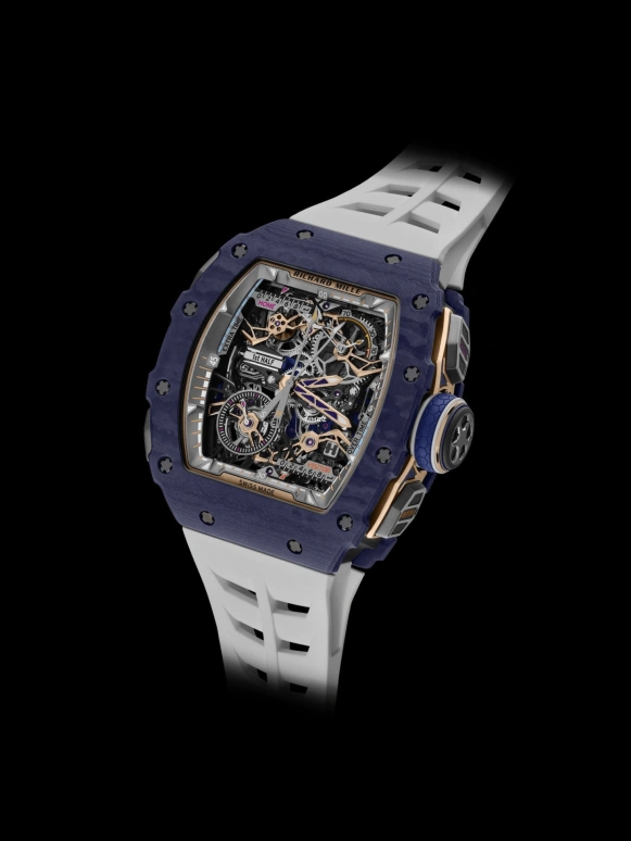 理查米尔,陀飞轮 43.23x49.65毫米,43.23x49.65毫米,Quartz TPT® 复合石英碳纤维,黑色,手动上弦,计时,动力储存指示,陀飞轮,飞返,自制机芯,蓝宝石,水晶玻璃,RM 41,RM 41-01 Tourbillon Soccer Dark Blue Quartz TPT