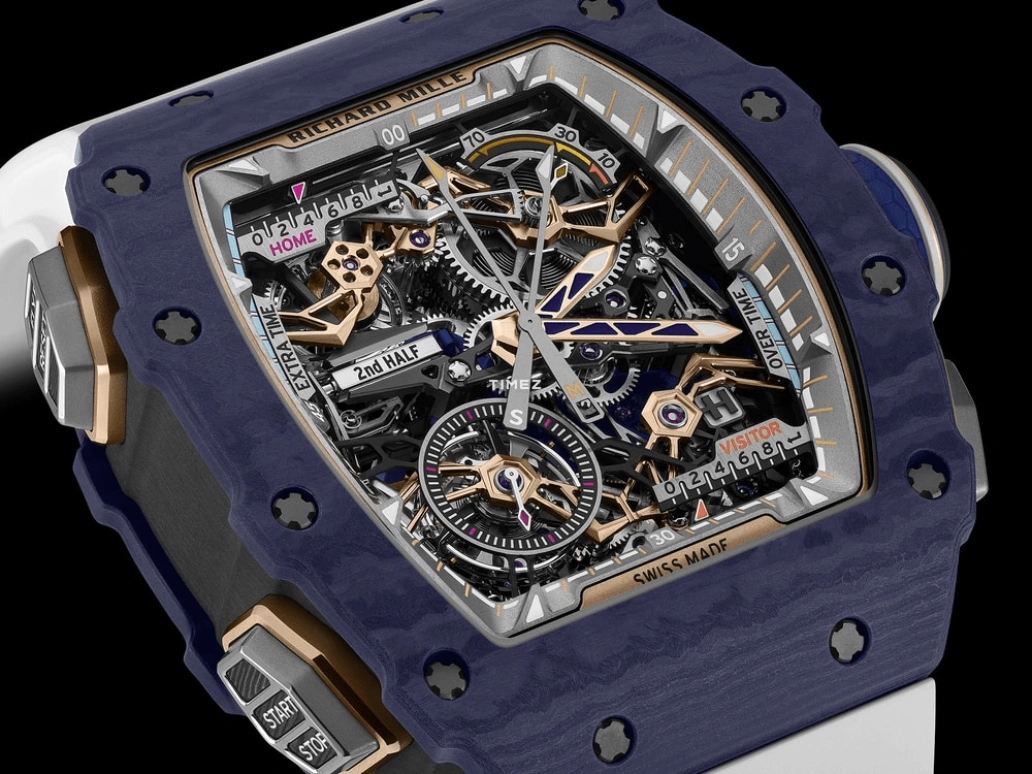 理查米尔,陀飞轮 43.23x49.65毫米,43.23x49.65毫米,Quartz TPT® 复合石英碳纤维,黑色,手动上弦,计时,动力储存指示,陀飞轮,飞返,自制机芯,蓝宝石,水晶玻璃,RM 41,RM 41-01 Tourbillon Soccer Dark Blue Quartz TPT