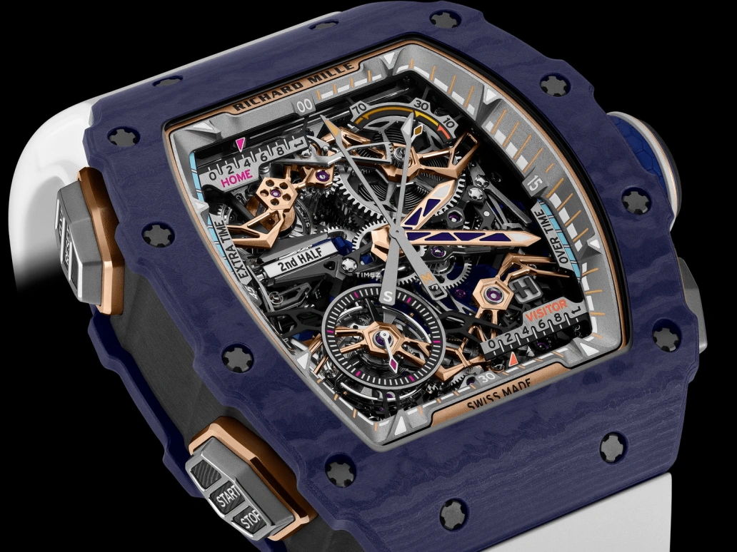 理查米尔,陀飞轮 43.23x49.65毫米,43.23x49.65毫米,Quartz TPT® 复合石英碳纤维,黑色,手动上弦,计时,动力储存指示,陀飞轮,飞返,自制机芯,蓝宝石,水晶玻璃,RM 41,RM 41-01 Tourbillon Soccer Dark Blue Quartz TPT