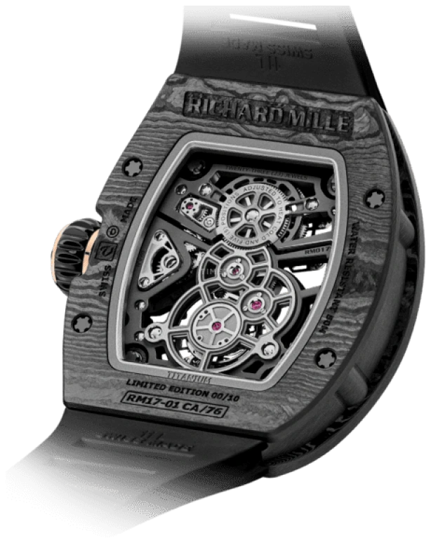 Richard Mille,Tourbillon 40.10x48.15mm,40.10x48.15mm,Carbon TPT,Skeleton,Handwound,Power Reserve Indicator,Tourbillon,Torque Indicator,70hours,In-house Caliber,RM 17,RM 17-01 NTPT