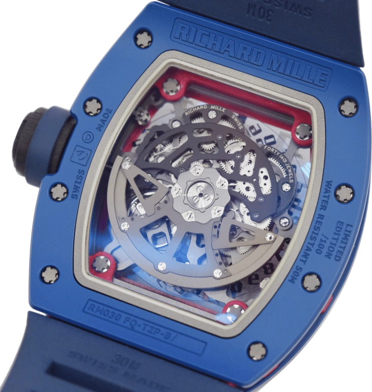 Richard Mille,Not Tourbillon 42.70x50mm,42.70x50mm,Ceramic,Blue,Skeleton,Automatic,Day,Power Reserve Indicator,RM 030 PSG Edition
