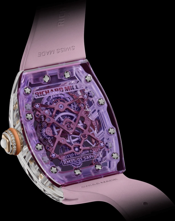 Richard Mille,Tourbillon 32.90x46.75mm,32.90x46.75mm,Sapphire,Silver,Handwound,Tourbillon,65hours,RM 75,RM 75-01 Flying Tourbillon Sapphire Pink