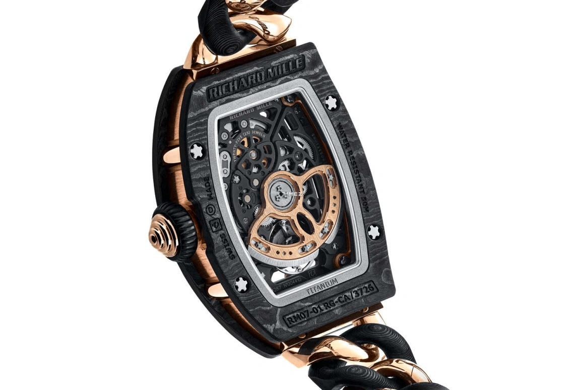 Richard Mille,Not Tourbillon 45.66x31.40mm,45.66x31.40mm,Rose Gold,NTPT,Black,Automatic,50hours,In-house Caliber,RM 07,RM 07-01 Open-link RG/NTPT