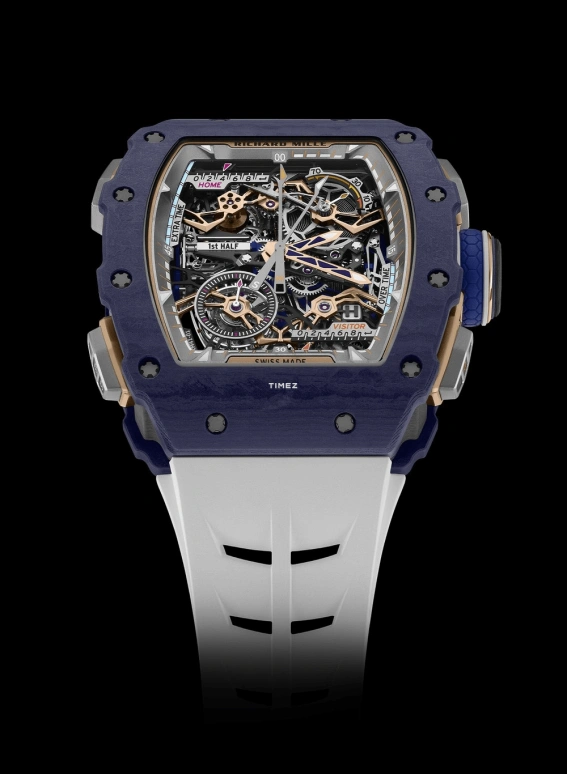 理查米尔,陀飞轮 43.23x49.65毫米,43.23x49.65毫米,Quartz TPT® 复合石英碳纤维,黑色,手动上弦,计时,动力储存指示,陀飞轮,飞返,自制机芯,蓝宝石,水晶玻璃,RM 41,RM 41-01 Tourbillon Soccer Dark Blue Quartz TPT