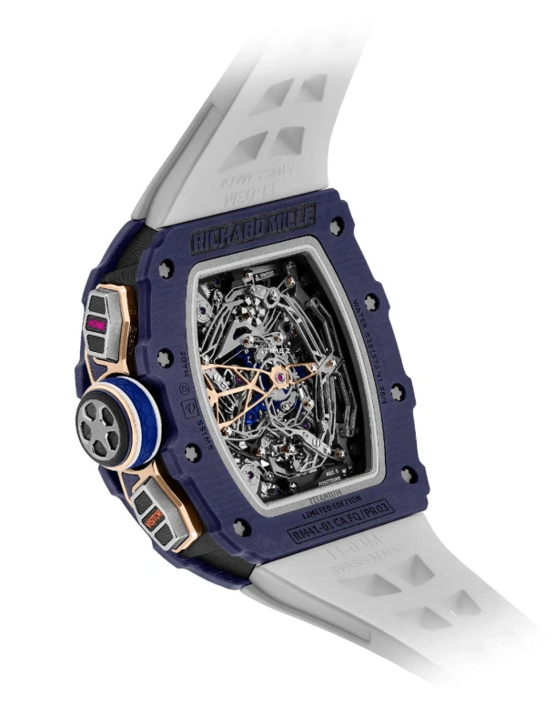理查米尔,陀飞轮 43.23x49.65毫米,43.23x49.65毫米,Quartz TPT® 复合石英碳纤维,黑色,手动上弦,计时,动力储存指示,陀飞轮,飞返,自制机芯,蓝宝石,水晶玻璃,RM 41,RM 41-01 Tourbillon Soccer Dark Blue Quartz TPT