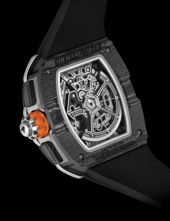 Richard Mille,Not Tourbillon 43.84x49.94mm,43.84x49.94mm,Carbon TPT,Skeleton,Automatic,Chronograph,Day,Rattrapante,Function Selector,In-house Caliber,Sapphire,Crystal Glass,RM 65,RM 65-01 McLaren W1