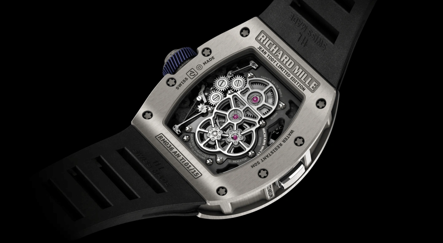 Richard Mille,Tourbillon 50x42.70mm,50x42.70mm,Titanium,Skeleton,Handwound,Chronograph,Power Reserve Indicator,Tourbillon,RM 036 Tourbillon Jean Todt