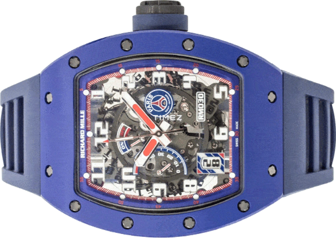 Richard Mille,Not Tourbillon 42.70x50mm,42.70x50mm,Ceramic,Blue,Skeleton,Automatic,Day,Power Reserve Indicator,RM 030 PSG Edition