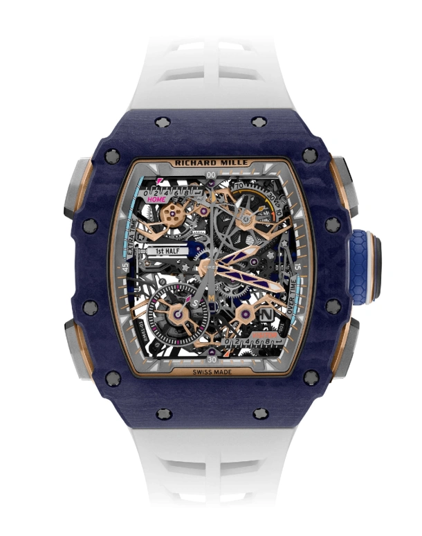 理查米尔,陀飞轮 43.23x49.65毫米,43.23x49.65毫米,Quartz TPT® 复合石英碳纤维,黑色,手动上弦,计时,动力储存指示,陀飞轮,飞返,自制机芯,蓝宝石,水晶玻璃,RM 41,RM 41-01 Tourbillon Soccer Dark Blue Quartz TPT