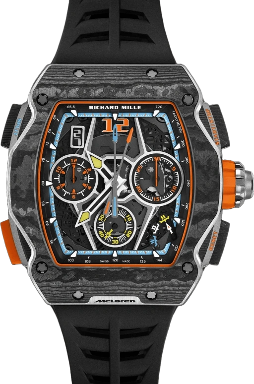 Richard Mille,Not Tourbillon 43.84x49.94mm,43.84x49.94mm,Carbon TPT,Skeleton,Automatic,Chronograph,Day,Rattrapante,Function Selector,In-house Caliber,Sapphire,Crystal Glass,RM 65,RM 65-01 McLaren W1