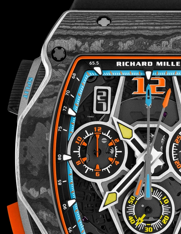 Richard Mille,Not Tourbillon 43.84x49.94mm,43.84x49.94mm,Carbon TPT,Skeleton,Automatic,Chronograph,Day,Rattrapante,Function Selector,In-house Caliber,Sapphire,Crystal Glass,RM 65,RM 65-01 McLaren W1