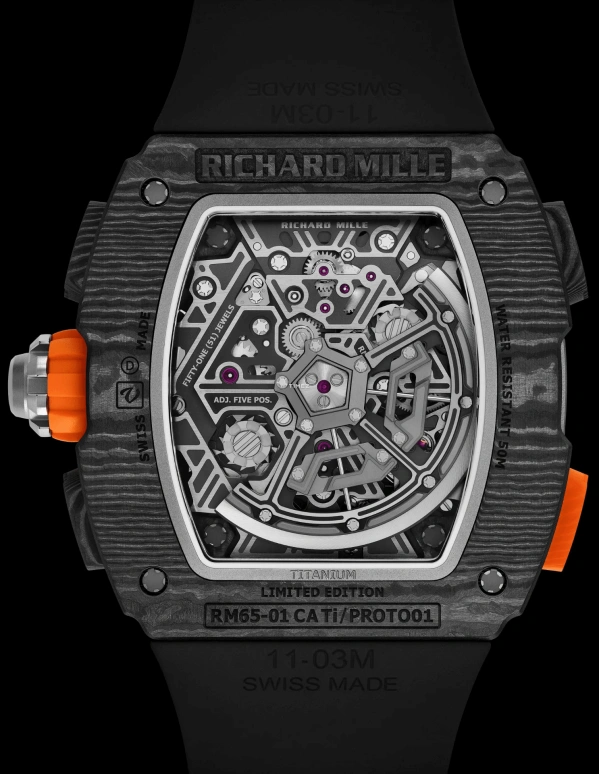 Richard Mille,Not Tourbillon 43.84x49.94mm,43.84x49.94mm,Carbon TPT,Skeleton,Automatic,Chronograph,Day,Rattrapante,Function Selector,In-house Caliber,Sapphire,Crystal Glass,RM 65,RM 65-01 McLaren W1