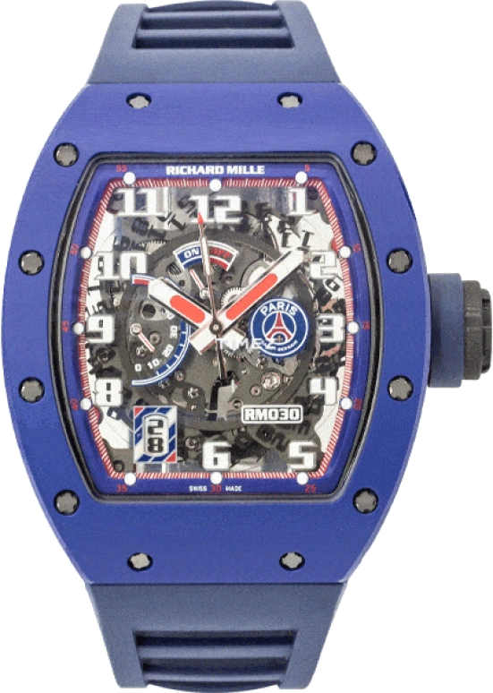 Richard Mille,Not Tourbillon 42.70x50mm,42.70x50mm,Ceramic,Blue,Skeleton,Automatic,Day,Power Reserve Indicator,RM 030 PSG Edition