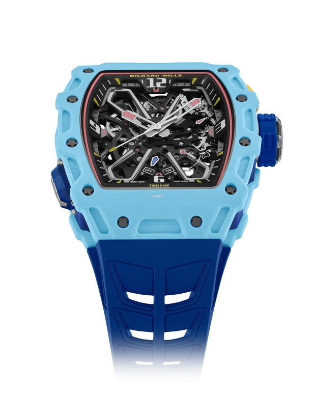 理查米尔,非陀飞轮 43.15x49.95毫米,43.15x49.95毫米,Quartz TPT® 复合石英碳纤维,Carbon TPT® 复合碳纤维,黑色,自动上弦,功能指示器,55小时,RM 35,RM 35-03 Rafael Nadal pastel blue