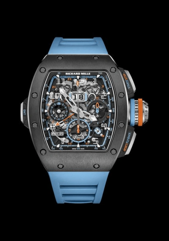 Richard Mille,Not Tourbillon 50x42.70mm,50x42.70mm,Titanium,Carbon TPT,Skeleton,Automatic,Chronograph,Day,Dule Time,Flyback,55hours,In-house Caliber,RM 11,RM 11-05 Flyback Chronograph GMT