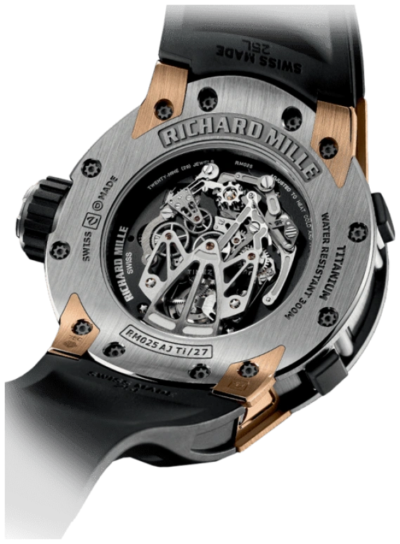 Richard Mille,Tourbillon 50.70mm,50.70mm,Titanium,Rose Gold,Skeleton,Handwound,Chronograph,Tourbillon,Function Selector,Torque Indicator,50hours,In-house Caliber,RM 025 Tourbillon Chronograph