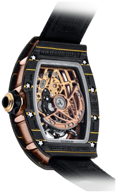 Richard Mille,Tourbillon 34.40x52.63mm,34.40x52.63mm,Gold,Carbon TPT,Skeleton,Automatic,Tourbillon,In-house Caliber,RM 74,RM 74-02 NTPT